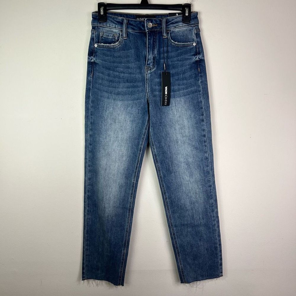 NEW Fashion Nova Size 3 High Waist Straight Leg Raw Hem Medium Wash Blue Jeans